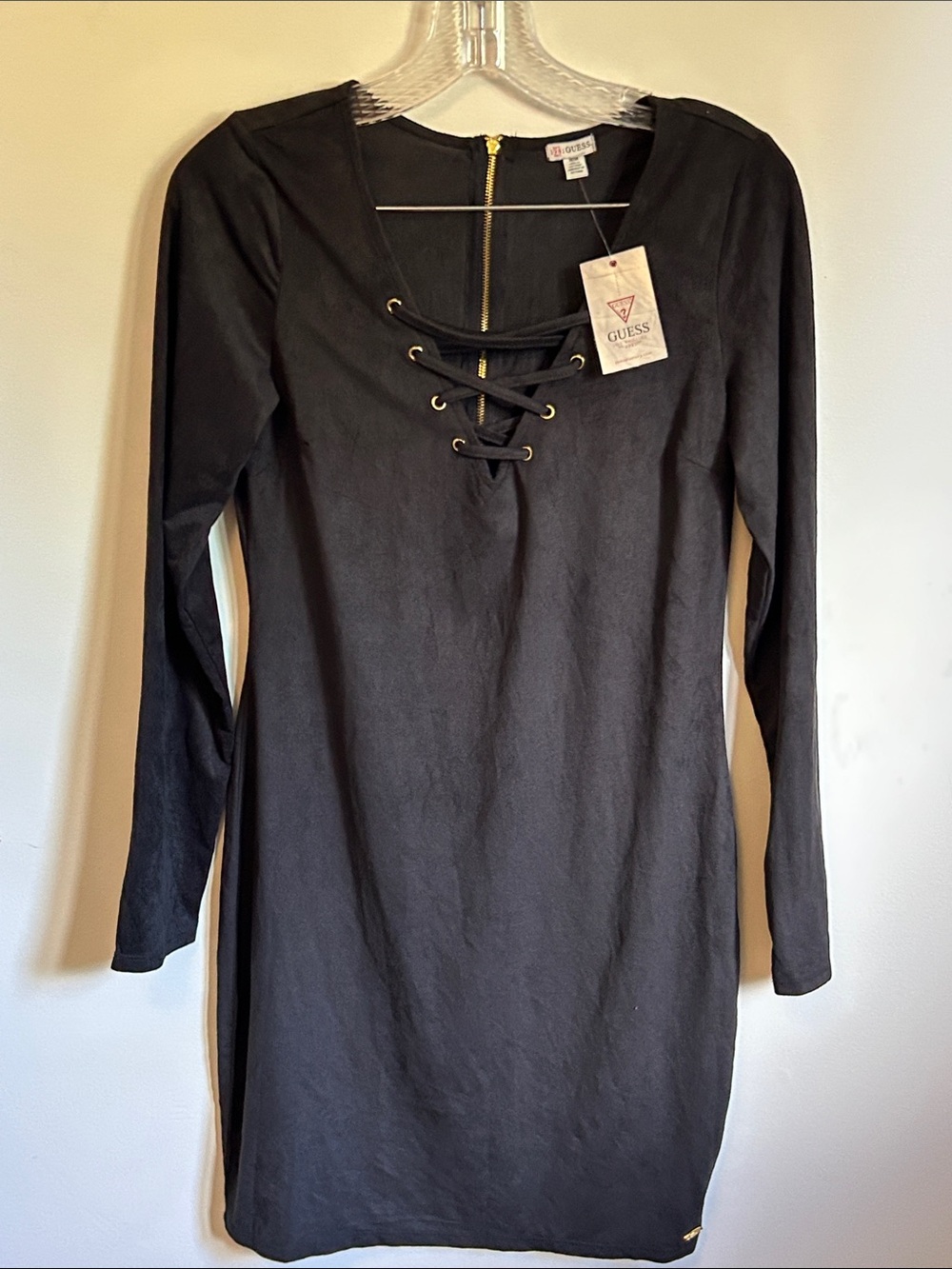 Guess Black Long-Sleeve Lace-Up Shift Dress - Faux Velvet - very lightweight